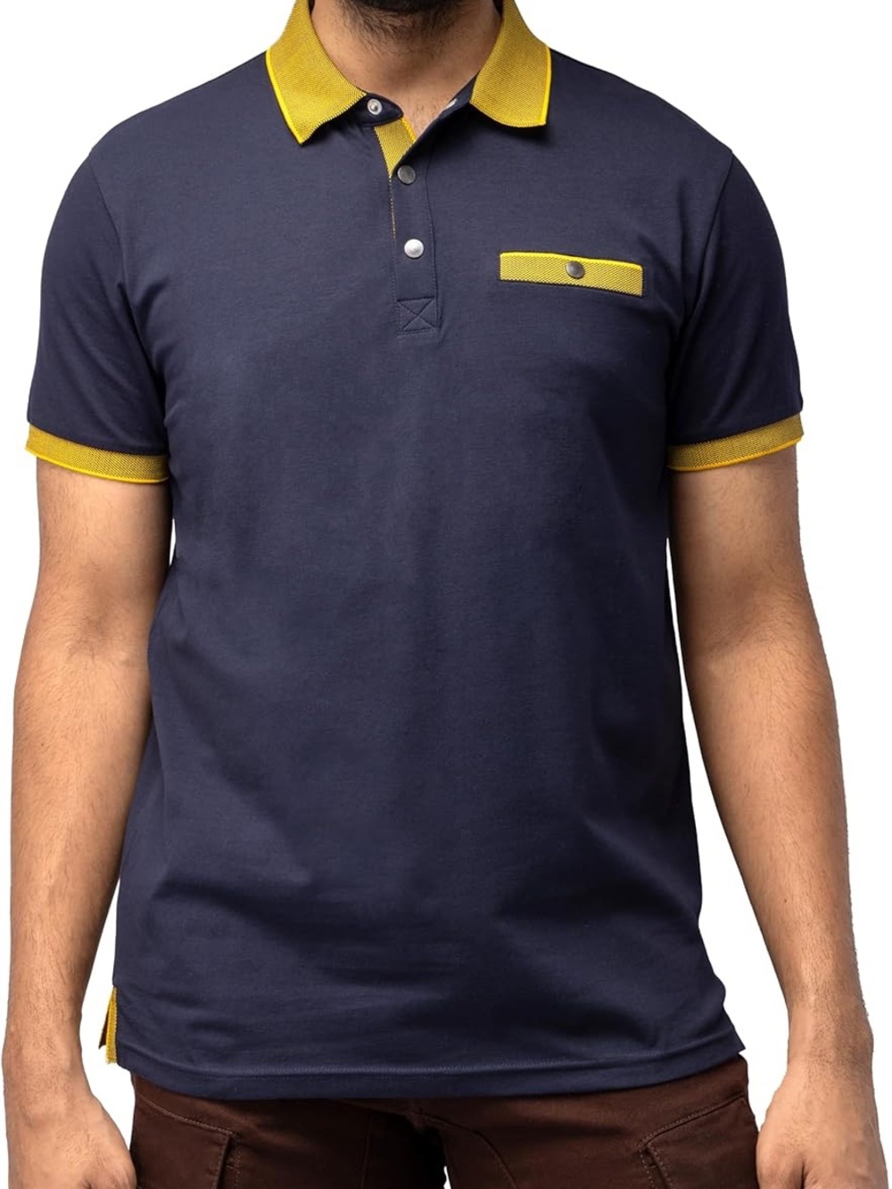 XRAY Jeans Men's Navy Polo with Yellow Contrast Trim